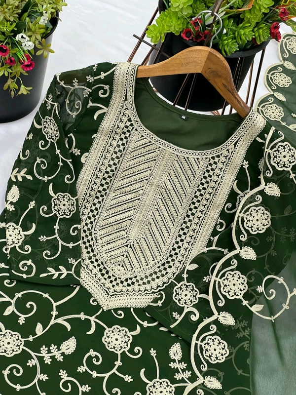 Heavy Georgette Embroidered Top & Sharara Plazo Set – Ready to Wear, Fully Stitched - Rifie Green, M