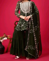 Heavy Georgette Embroidered Top & Sharara Plazo Set – Ready to Wear, Fully Stitched - Rifie Green, S