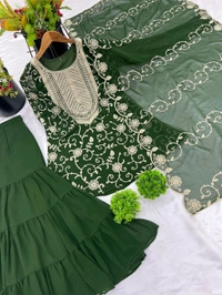 Heavy Georgette Embroidered Top & Sharara Plazo Set – Ready to Wear, Fully Stitched - Rifie Green, S