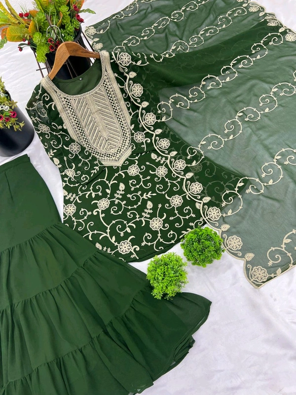 Heavy Georgette Embroidered Top & Sharara Plazo Set – Ready to Wear, Fully Stitched - Rifie Green, S
