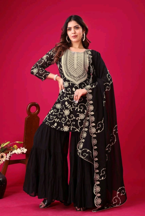Heavy Georgette Embroidered Top & Sharara Plazo Set – Ready to Wear, Fully Stitched - Black, S