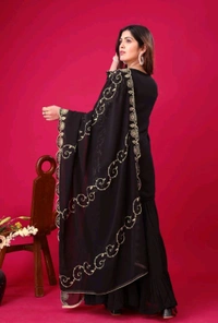 Heavy Georgette Embroidered Top & Sharara Plazo Set – Ready to Wear, Fully Stitched - Black, S