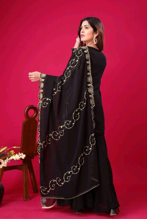 Heavy Georgette Embroidered Top & Sharara Plazo Set – Ready to Wear, Fully Stitched - Black, S