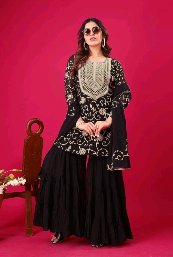 Heavy Georgette Embroidered Top & Sharara Plazo Set – Ready to Wear, Fully Stitched - Black, XL