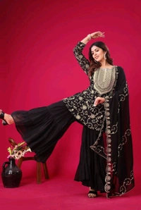 Heavy Georgette Embroidered Top & Sharara Plazo Set – Ready to Wear, Fully Stitched - Black, XL