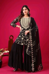 Heavy Georgette Embroidered Top & Sharara Plazo Set – Ready to Wear, Fully Stitched - Black, XL
