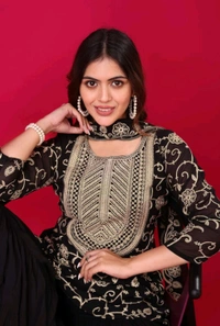 Heavy Georgette Embroidered Top & Sharara Plazo Set – Ready to Wear, Fully Stitched - Black, XL