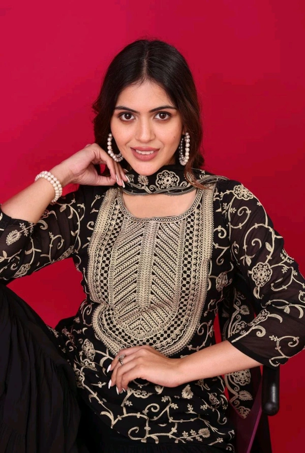 Heavy Georgette Embroidered Top & Sharara Plazo Set – Ready to Wear, Fully Stitched - Black, XL