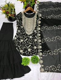 Heavy Georgette Embroidered Top & Sharara Plazo Set – Ready to Wear, Fully Stitched - Black, XL