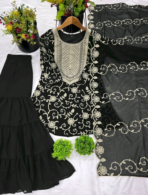 Heavy Georgette Embroidered Top & Sharara Plazo Set – Ready to Wear, Fully Stitched - Black, XL