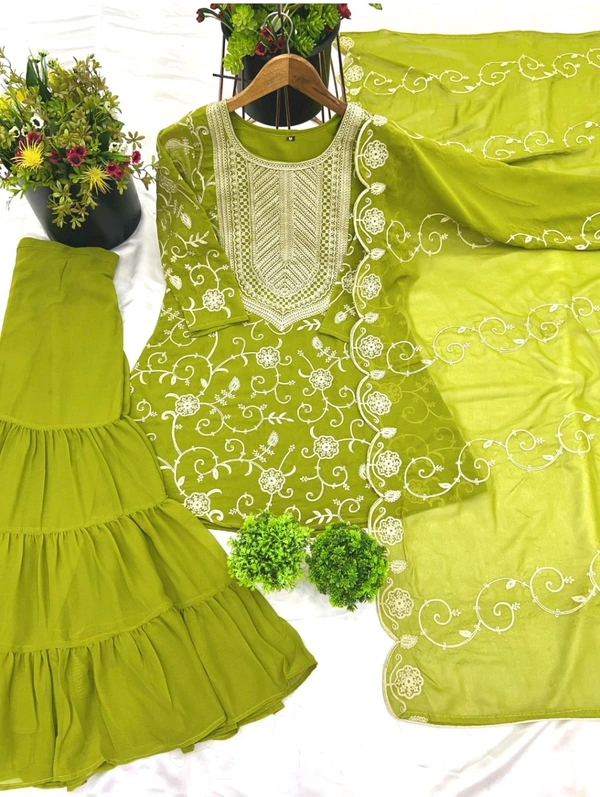 Heavy Georgette Embroidered Top & Sharara Plazo Set – Ready to Wear, Fully Stitched - Pea Green, L