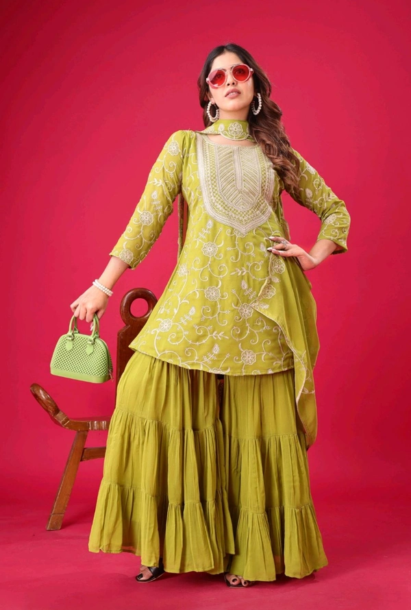 Heavy Georgette Embroidered Top & Sharara Plazo Set – Ready to Wear, Fully Stitched - Pea Green, XL