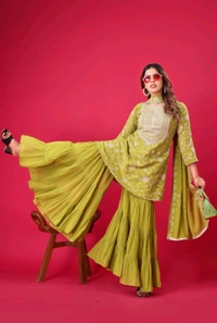 Heavy Georgette Embroidered Top & Sharara Plazo Set – Ready to Wear, Fully Stitched - Pea Green, XL