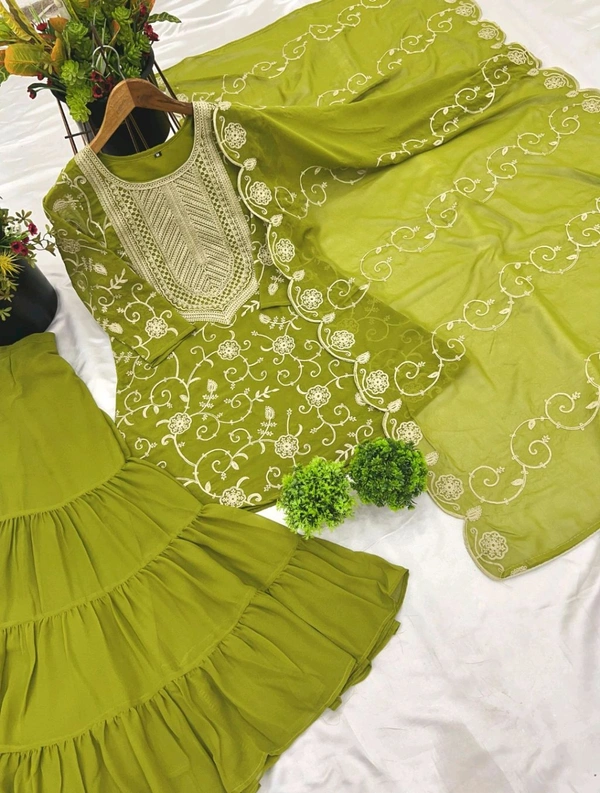 Heavy Georgette Embroidered Top & Sharara Plazo Set – Ready to Wear, Fully Stitched - Pea Green, XL