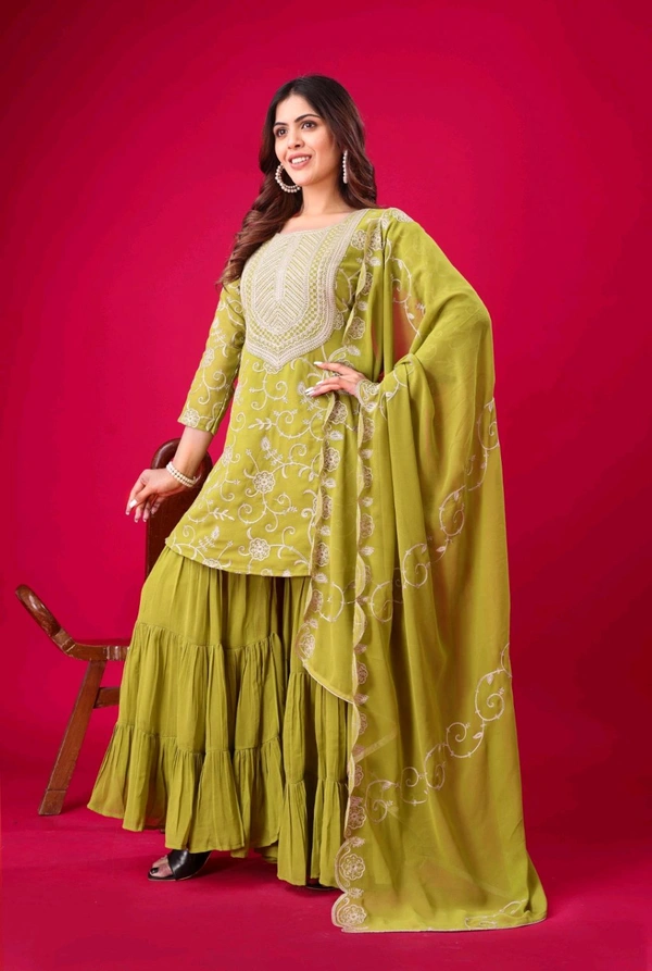 Heavy Georgette Embroidered Top & Sharara Plazo Set – Ready to Wear, Fully Stitched - Pea Green, XXL
