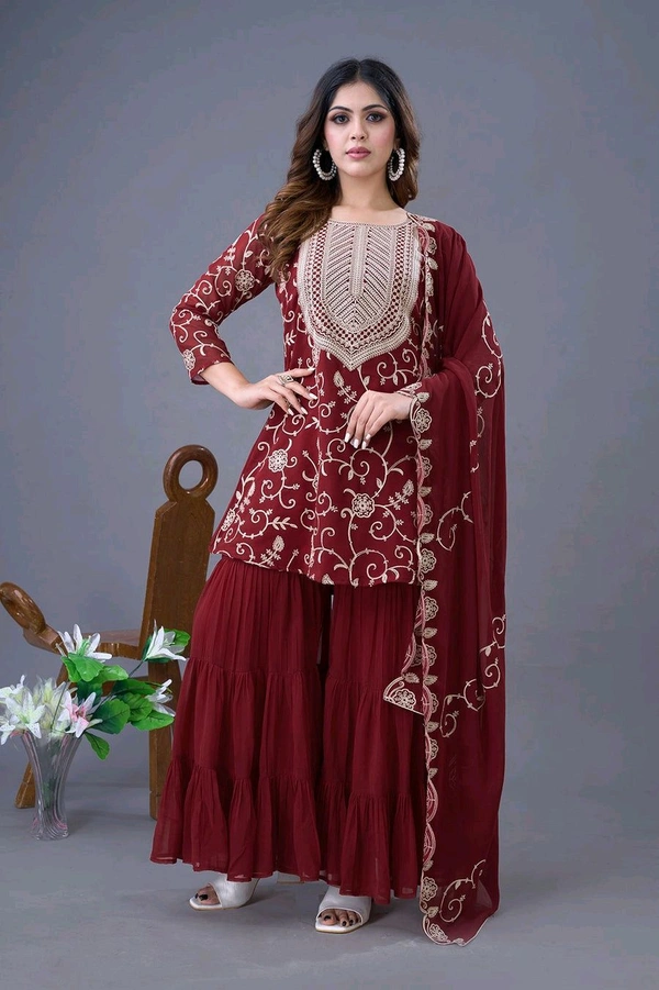 Heavy Georgette Embroidered Top & Sharara Plazo Set – Ready to Wear, Fully Stitched - Maroon, L