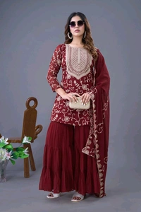 Heavy Georgette Embroidered Top & Sharara Plazo Set – Ready to Wear, Fully Stitched - Maroon, M