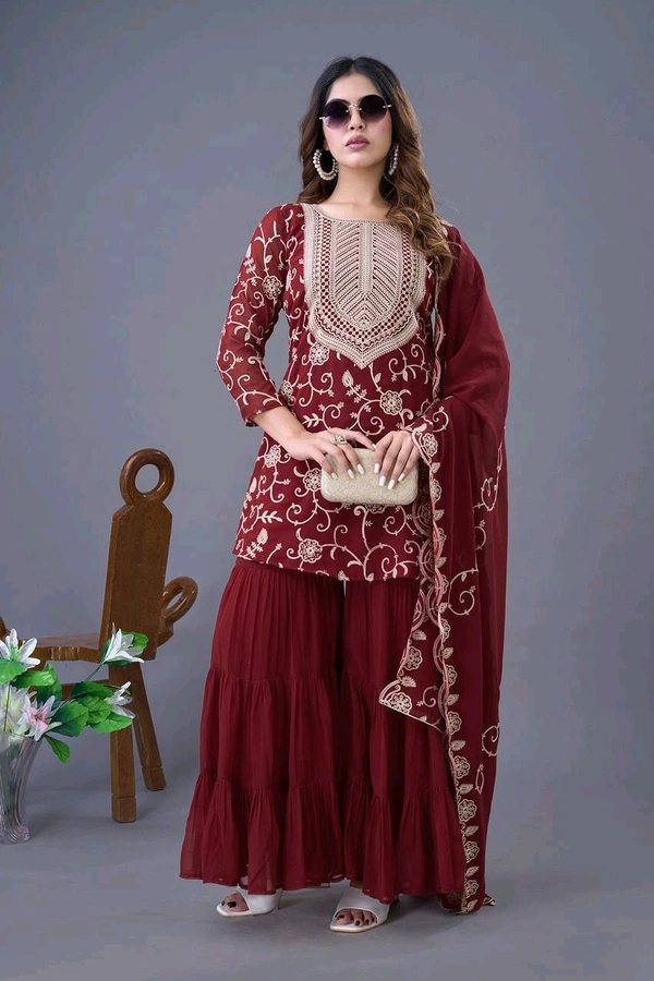 Heavy Georgette Embroidered Top & Sharara Plazo Set – Ready to Wear, Fully Stitched - Maroon, M