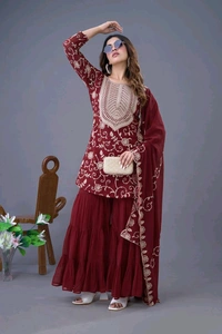 Heavy Georgette Embroidered Top & Sharara Plazo Set – Ready to Wear, Fully Stitched - Maroon, S