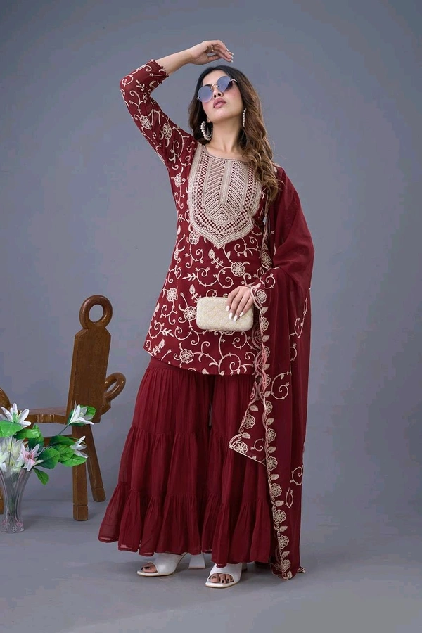 Heavy Georgette Embroidered Top & Sharara Plazo Set – Ready to Wear, Fully Stitched - Maroon, S