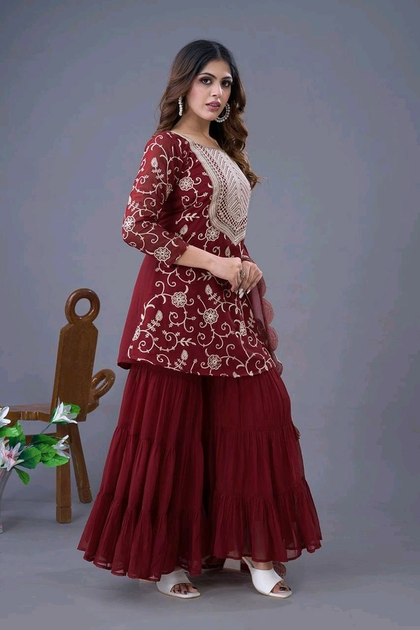 Heavy Georgette Embroidered Top & Sharara Plazo Set – Ready to Wear, Fully Stitched - Maroon, S
