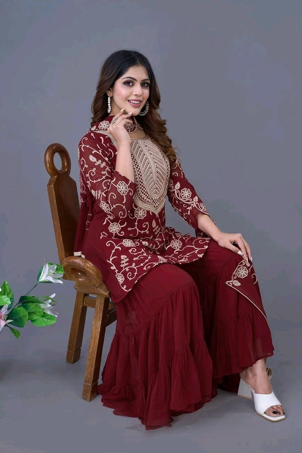 Heavy Georgette Embroidered Top & Sharara Plazo Set – Ready to Wear, Fully Stitched - Maroon, S