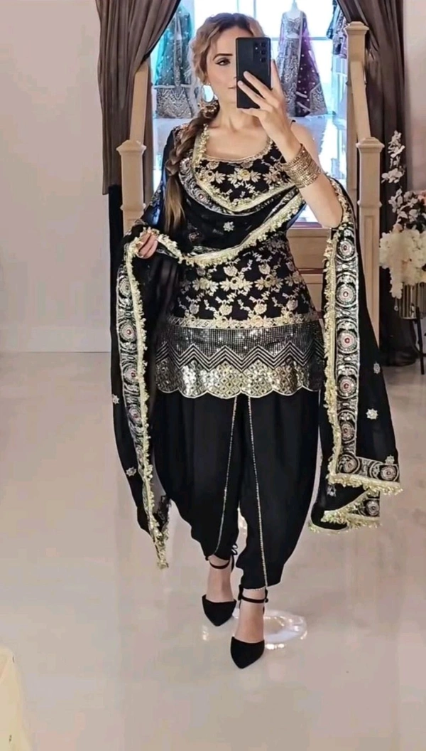 Black Punjabi Patiyala Dress in Crepe With Dhoti and Sequence Work
 - Black, XL
