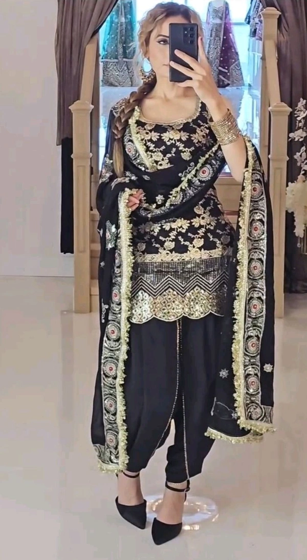 Black Punjabi Patiyala Dress in Crepe With Dhoti and Sequence Work
 - Black, XL