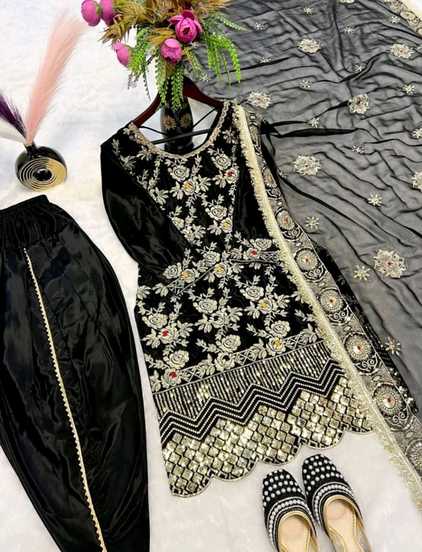 Black Punjabi Patiyala Dress in Crepe With Dhoti and Sequence Work
 - Black, XL