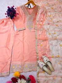 Heavy Sequence Embroidered Work Premium Jimmy Choo Silk Kurta Suit Set - Mona Lisa, M