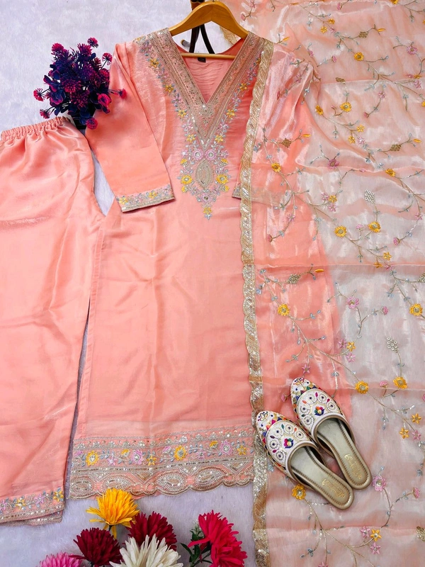 Heavy Sequence Embroidered Work Premium Jimmy Choo Silk Kurta Suit Set - Mona Lisa, M
