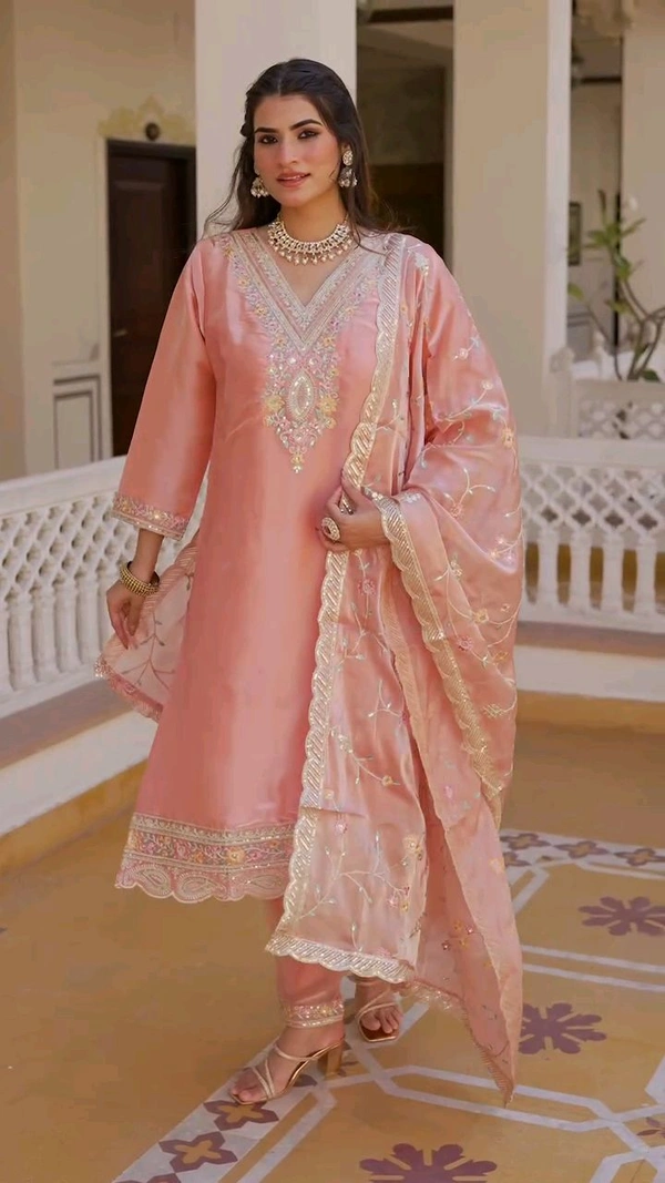 Heavy Sequence Embroidered Work Premium Jimmy Choo Silk Kurta Suit Set - Mona Lisa, XXL