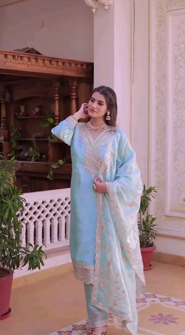 Heavy Sequence Embroidered Work Premium Jimmy Choo Silk Kurta Suit Set - Polo Blue, XL