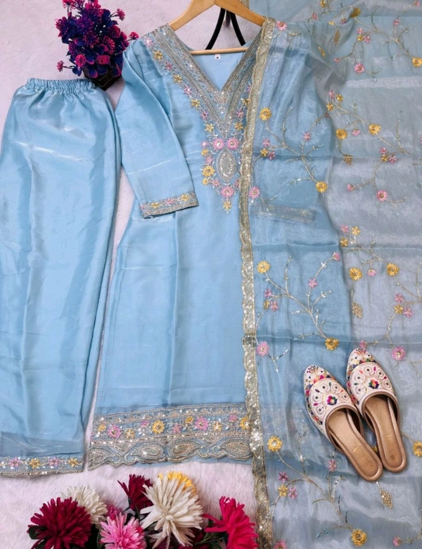 Heavy Sequence Embroidered Work Premium Jimmy Choo Silk Kurta Suit Set - Polo Blue, XL