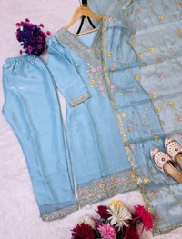 Heavy Sequence Embroidered Work Premium Jimmy Choo Silk Kurta Suit Set - Polo Blue, XL