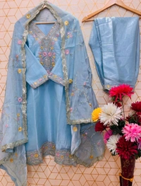 Heavy Sequence Embroidered Work Premium Jimmy Choo Silk Kurta Suit Set - Polo Blue, XXL