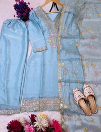 Heavy Sequence Embroidered Work Premium Jimmy Choo Silk Kurta Suit Set - Polo Blue, XXL