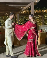 Pakistani Suit Sharara Bollywood Designer Wedding Party Wear Salwar Kameez Heavy - Cerise Red, Free Size