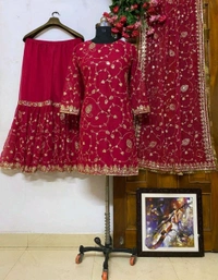 Pakistani Suit Sharara Bollywood Designer Wedding Party Wear Salwar Kameez Heavy - Cerise Red, Free Size