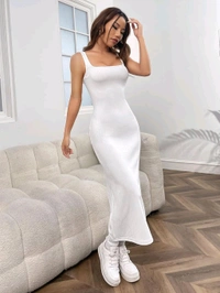 Women's Casual Sleeveless Square Neck High Waist Rib Knit Tank Long Dress - White, M