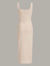 Women's Casual Sleeveless Square Neck High Waist Rib Knit Tank Long Dress - Apricot, XS