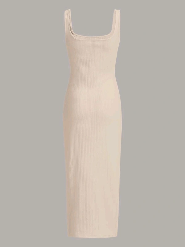 Women's Casual Sleeveless Square Neck High Waist Rib Knit Tank Long Dress - Apricot, XS
