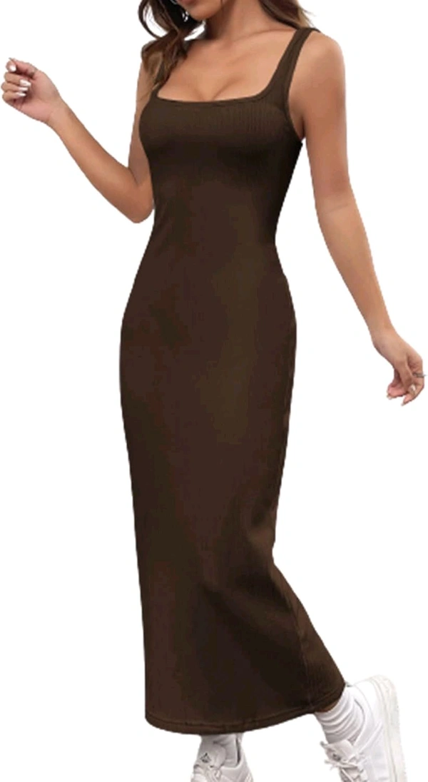 Women's Casual Sleeveless Square Neck High Waist Rib Knit Tank Long Dress - Coffee Brown, S
