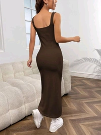 Women's Casual Sleeveless Square Neck High Waist Rib Knit Tank Long Dress - Coffee Brown, XXL