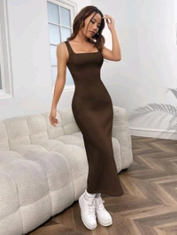 Women's Casual Sleeveless Square Neck High Waist Rib Knit Tank Long Dress - Coffee Brown, XXL