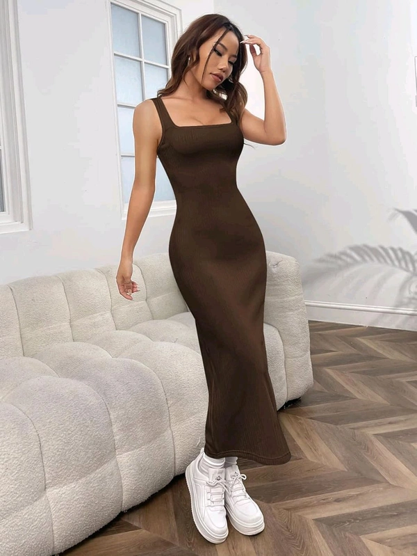 Women's Casual Sleeveless Square Neck High Waist Rib Knit Tank Long Dress - Coffee Brown, XXL