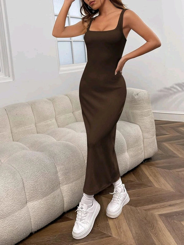 Women's Casual Sleeveless Square Neck High Waist Rib Knit Tank Long Dress - Coffee Brown, XXL
