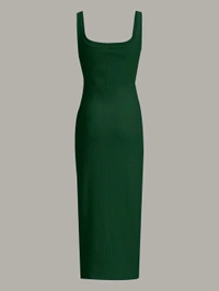 Women's Casual Sleeveless Square Neck High Waist Rib Knit Tank Long Dress - Dark Green, M
