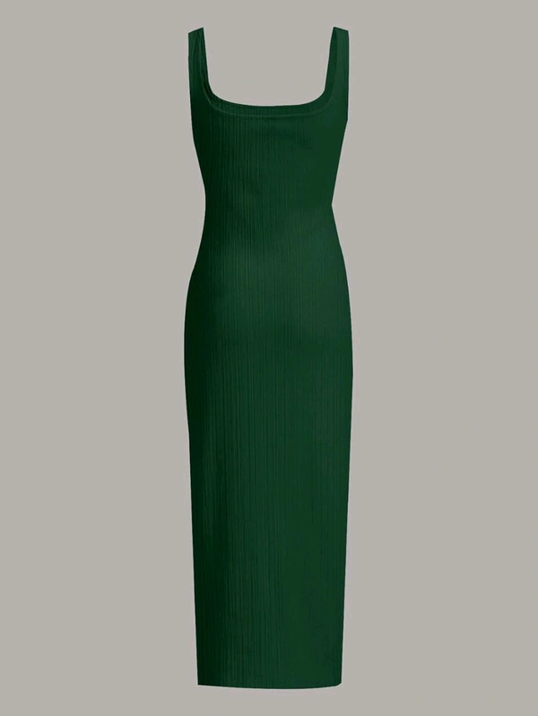 Women's Casual Sleeveless Square Neck High Waist Rib Knit Tank Long Dress - Dark Green, M