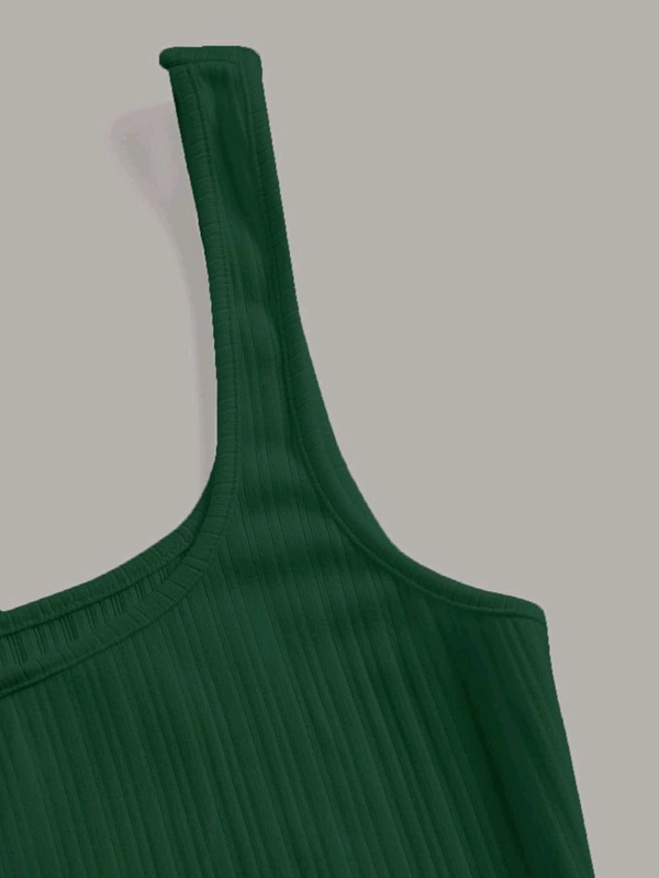 Women's Casual Sleeveless Square Neck High Waist Rib Knit Tank Long Dress - Dark Green, M
